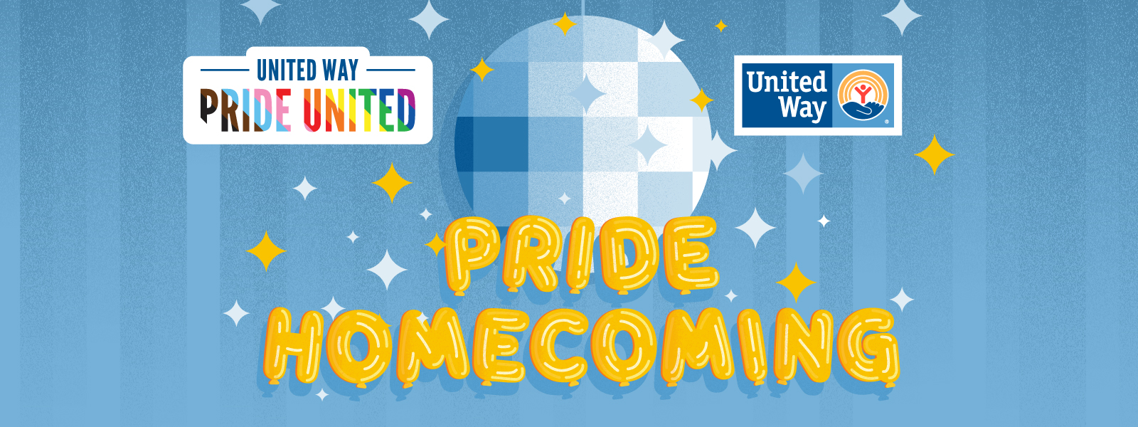 Image of disco ball and with gold balloons saying "Pride Homecoming"
