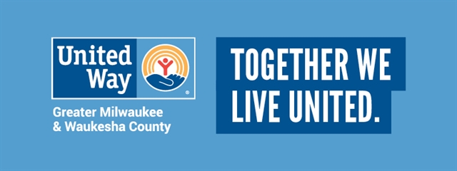United Way logo with text together we live united on a blue background