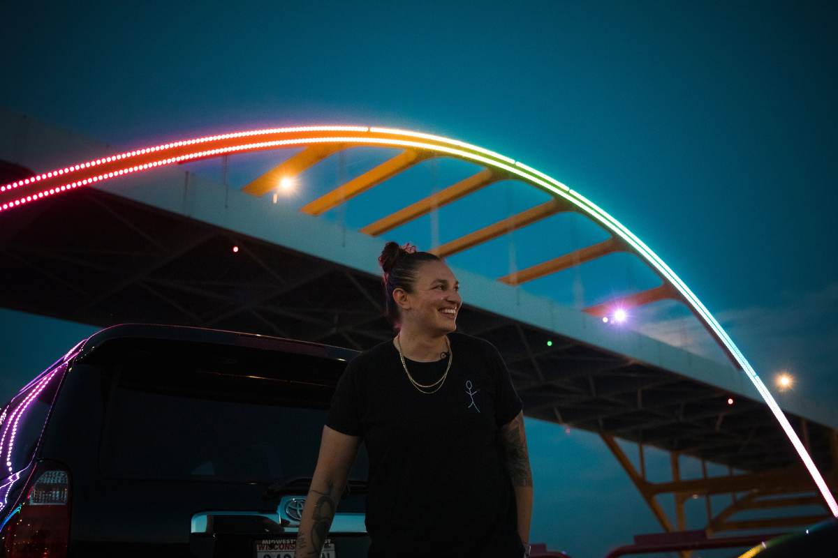 DJ Shawna in front of Hoan Bridge