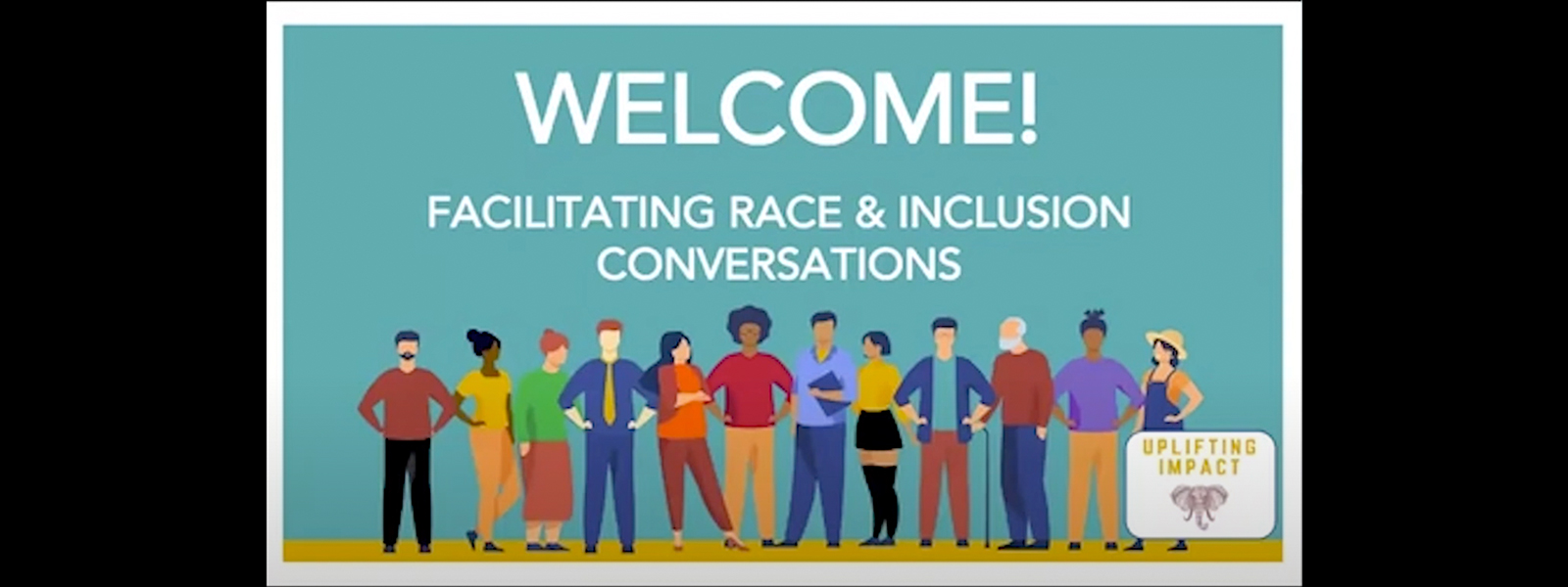 Welcome slide with group of people standing next to each other