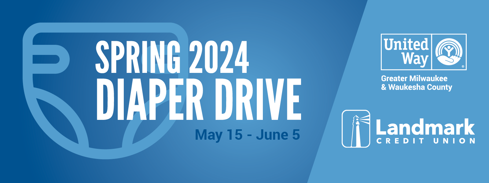 Image with words Spring 2024 Diaper Bank and United Way and Landmark Credit Union logos