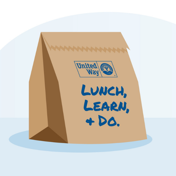 Paper lunch bag with "Lunch, Learn, + Do" written on it.