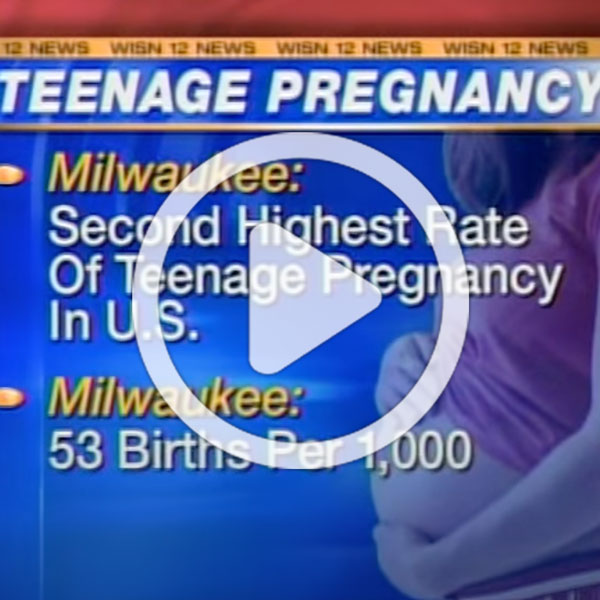 TV news screen graphic of teen pregnancy prevention story with video play button overlay