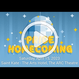 Image with words Pride Homecoming with play button overlay